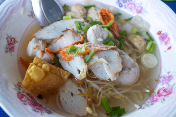 Egg noodle soup with various type of fish ball and slice of roasted pork. Asian noodle soup.