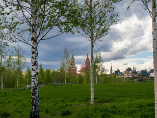 Russia. Moscow in the spring. Zaryadye Park. St. Basil's Cathedral. Panorama of the center of Moscow. View of the Kremlin. A park near Red Square.