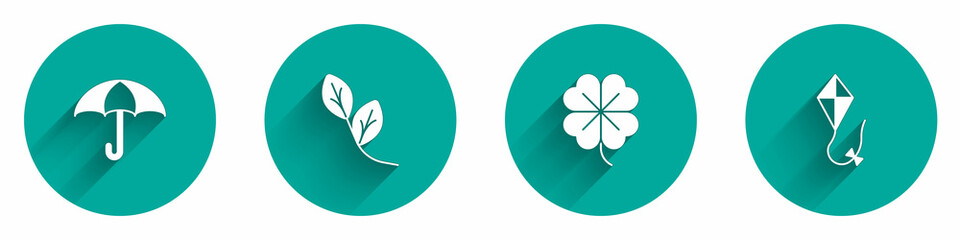 Set Umbrella, Leaf, Four leaf clover and Kite icon with long shadow. Vector