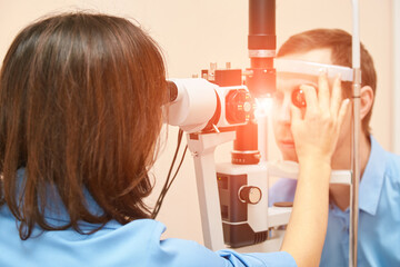 ophthalmologist medical patient. Eye clinic treatment. Hospital optics equipment. Choosing vision...