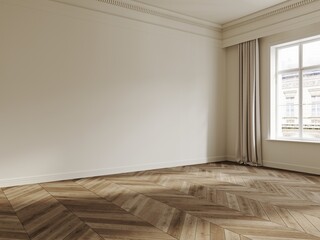 Empty room in classical style mockup with wooden floor, white walls, curtains and window 3d render