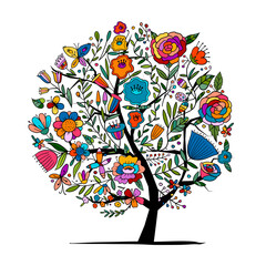 Floral tree concept isolated on white. Art for your design, business cards, banners, decor etc