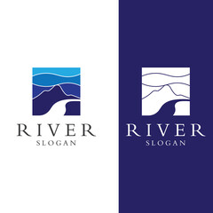 Logos of rivers, creeks, riverbanks and streams. River logo with combination of mountains and farmland with concept design vector illustration template.