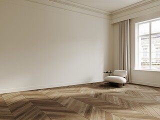Room in classical style mockup with chair, wooden floor, white walls, curtains and window 3d render