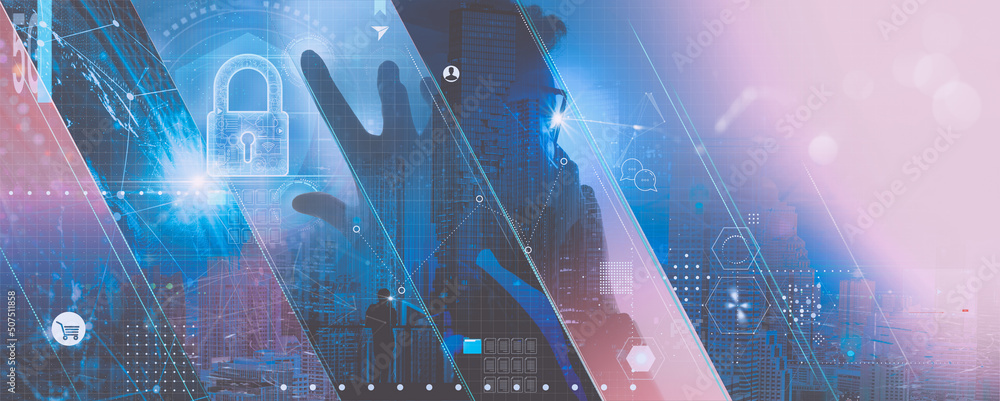 Poster Cyber security global network.Businesswoman protecting data personal information smartphone and virtual interface. Data protection privacy concept. GDPR.Padlock icon and internet technology network