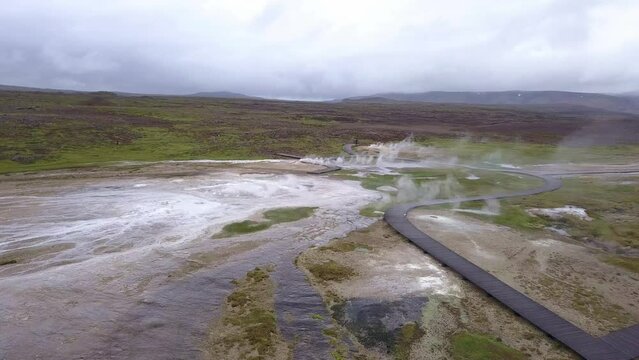 Wooden trails between fumarolas in the gothermal area Hveravellir in Iceland. Drone view on thermal area