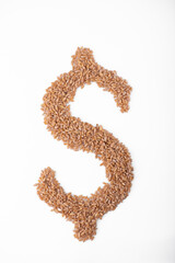 Top view of dollar sign formed of wheat seeds isolated on white. Wheat deficit, crisis and high prices concept