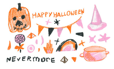 A set of Halloween illustrations drawn with wax crayons on a white isolated background.A collection of images for All Saints' Day in oil pastel doodle style in pink,orange,black.Designs for stickers.