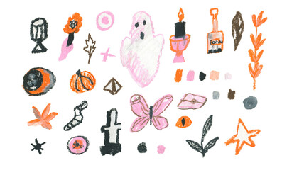 A set of Halloween illustrations drawn with wax crayons on a white isolated background.A collection of images for All Saints' Day in oil pastel doodle style in pink,orange,black.Designs for stickers.