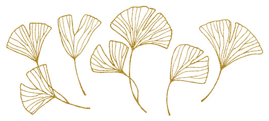 golden ginkgo leaves. graphic drawing set of tropical leaves with gold texture. sketch outline