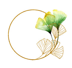 golden round frame with transparent ginkgo leaves. green and gold tropical leaves, minimalistic design.