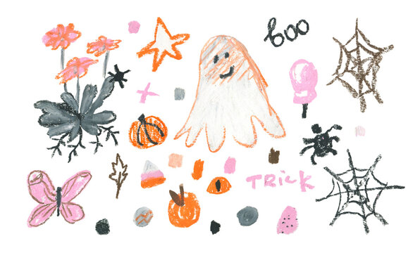 A set of Halloween illustrations drawn with wax crayons on a white isolated background.A collection of images for All Saints' Day in oil pastel doodle style in pink,orange,black.Designs for stickers.