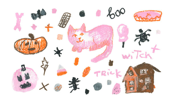 A set of Halloween illustrations drawn with wax crayons on a white isolated background.A collection of images for All Saints' Day in oil pastel doodle style in pink,orange,black.Designs for stickers.