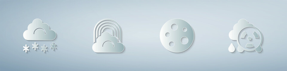 Set Cloud with snow, Rainbow cloud, Moon and Acid rain radioactive. Paper art style. Vector