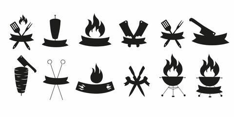 Logo constructor for doner, kebab, barbecue, grill party logo set. Vector stock illustration isolated on white background for design packaging, logo, menu in restaurant, butcher shop. 
