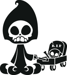 Cartoon Grim Reaper Tombstone RIP Trailer Skeleton Skull Hood Bones Corpse Death Angel Horror Scary Black and White Childrens Kids Illustration Design Halloween