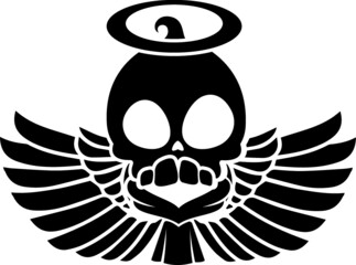 Cartoon Grim Angel Wings Reaper Skeleton Skull Hood Bones Corpse Death Angel Horror Scary Black and White Childrens Kids Illustration Design Halloween