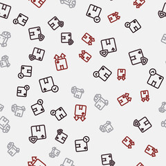 Obraz premium Set line Carton cardboard box, Delivery security with shield, cargo truck and Cardboard traffic symbol on seamless pattern. Vector