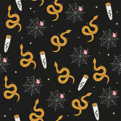 Magical seamless pattern with snake,  bottle, spider and stars. Mystical esoteric background for fabric design, packaging, astrology, divination, phone case, wrapping paper.