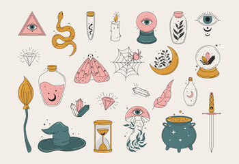 Set of mystical elements for design. Doodle halloween elements, witchcraft, magic spiders, snake, eye and knife. Halloween esoteric, alchemy boho vector. Mystical spooky stickers - obrazy, fototapety, plakaty