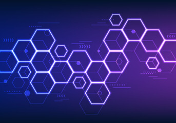 Abstract innovation technology background blue and purple neon lighting hexagon geometric pattern