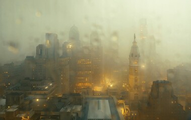 Philadelphia city skyline rain storm