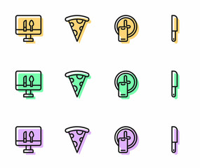 Set line Round the clock delivery, Online ordering food, Slice of pizza and Knife icon. Vector