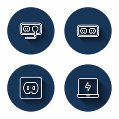 Fototapeta premium Set line Electrical outlet, and Laptop with long shadow. Blue circle button. Vector