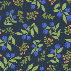 Hand Drawn Vector Seamless Pattern with Blueberry