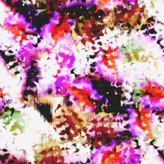 Messy summer tie dye batik beach wear pattern. Seamless colorful stain space dyed effect fashion. Washed out soft furnishing background.