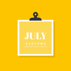 Obraz premium Sarcoma Awareness Month. July. Note with paper clip. Yellow background. Vector illustration, flat design