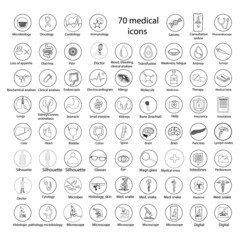 70 vector line medical icons: symptoms, organs, items