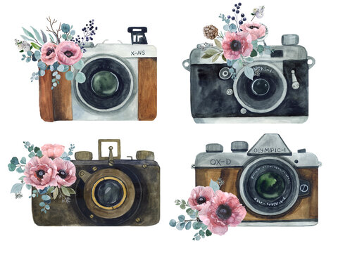 Romantic watercolor camera object. Hand drawn, vintage camera isolated. Camera watercolor hipster fashion illustration isolate.  Vintage design retro photography