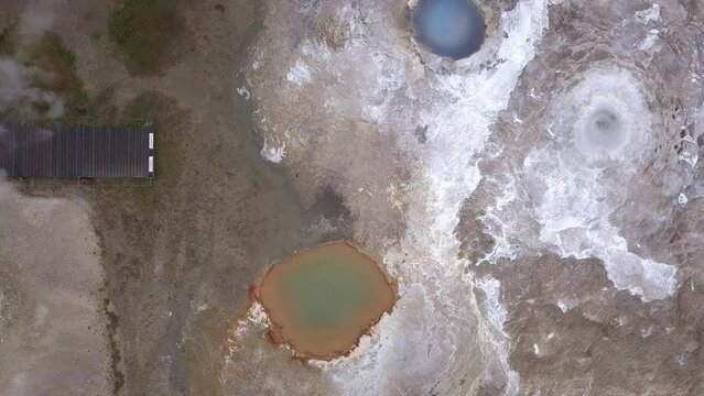 Fly over colorful lakes, hot fumarolas and springs in the Iceland's highland. Geothrmal area Hveravellir