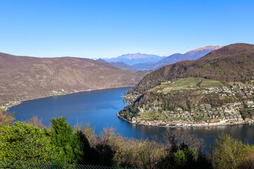 Obraz na płótnie Canvas The View to the Lake Lugano and the surrounding Mountains from Serpiano, Ticino, Switzerland
