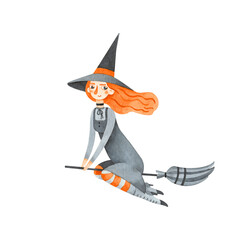 watercolor illustration of nice red witch flying on broom