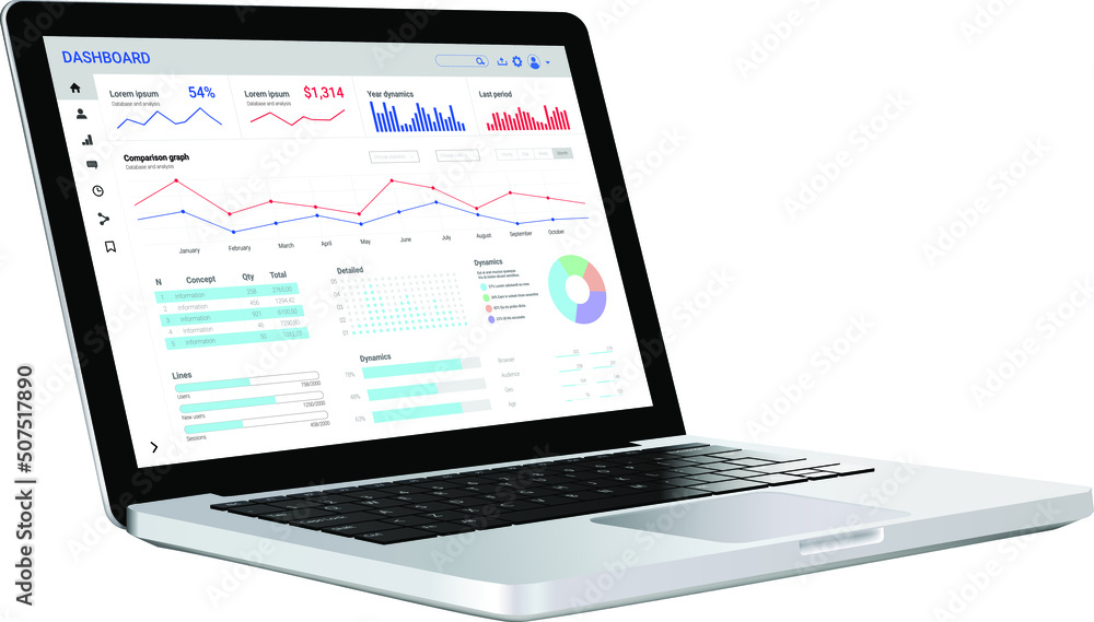 Wall mural realistic laptop with dashboard for sales or marketing vector mockup perspective rotated view for we