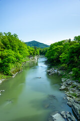 Fototapeta na wymiar 長瀞の金石水管橋から望む荒川