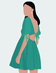 Vector flat image of a girl in a short blue dress with an open back. Lady with dark long hair. Design for postcards, avatars, posters, backgrounds, templates, textiles, postcards.