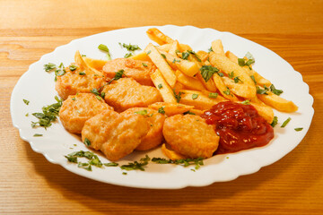 Chicken Nuggets mit Pommes auf dem Teller
