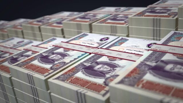 Mongolian Togrog, Tugrik banknote bundle growth up loop. MNT money stacks. Concept of cash pack, banking, travel, business, economy and finance in Mongolia. Loopable seamless 3d animation.