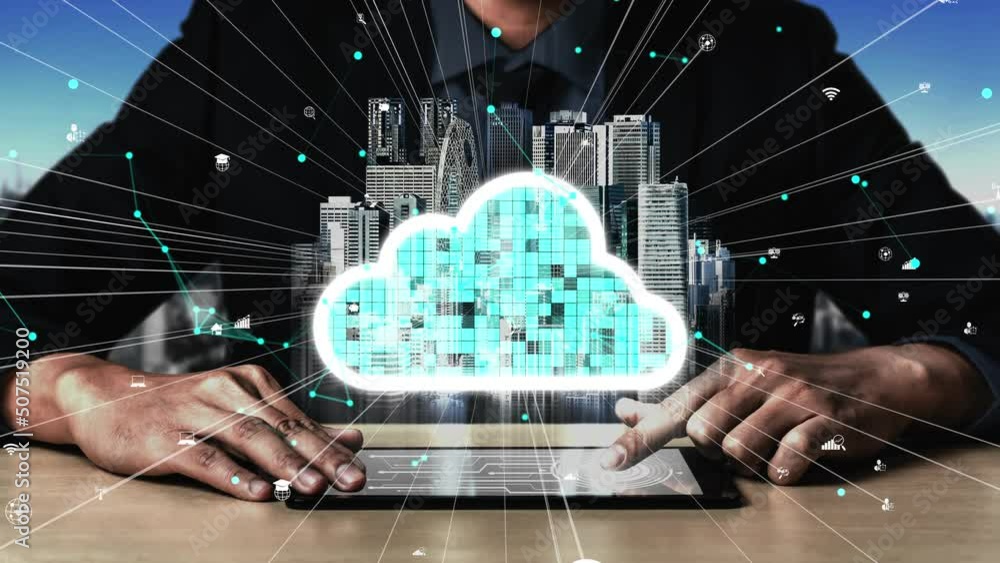 Poster conceptual cloud computing and data storage technology for future innovation . 3d render computer gr