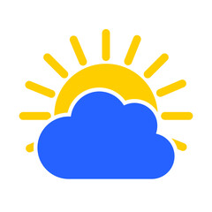 Blue cloud and yellow sun. Weather forecast icon isolated on white background. Vector.