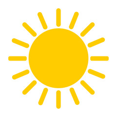Yellow big cute sun with rays. Warm and hot weather forecast icon isolated on white background. 