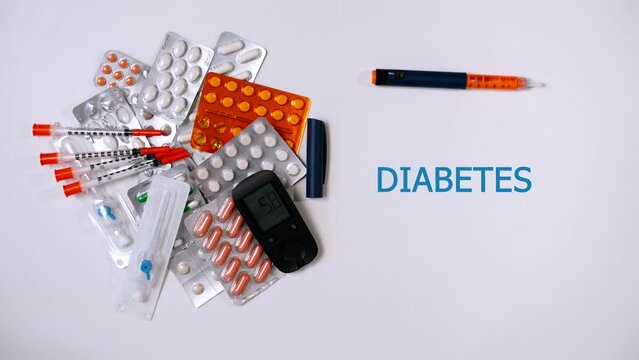 Medication pills, capsules, catheter, insulin syringes and glucometer on white background. Syringe pen with hormone insulin rolls from bottom up and word appears - Diabetes. Video with animation, text