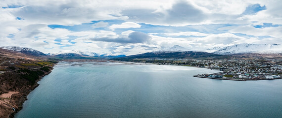 Beautiful aerial nature near Akureyri town in North Iceland. Icelandic nature.