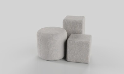 Three stone or concrete pedestals for product showcase or advertisement background. Neutral blended backdrop. Natural stone digital render