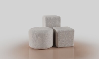 3D Digital render of three stone or concrete pedestals for product showcase or advertisement background. Neutral blended backdrop. Natural stone digital render