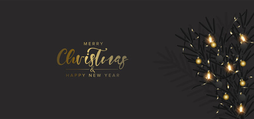 Fototapeta na wymiar Merry Christmas and happy new year on dark grey luxury background