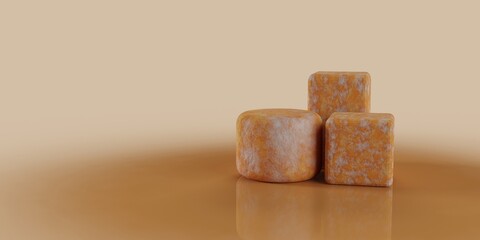 3D Digital render of three stone or concrete pedestals for product showcase or advertisement background. Neutral blended backdrop. Natural stone digital render